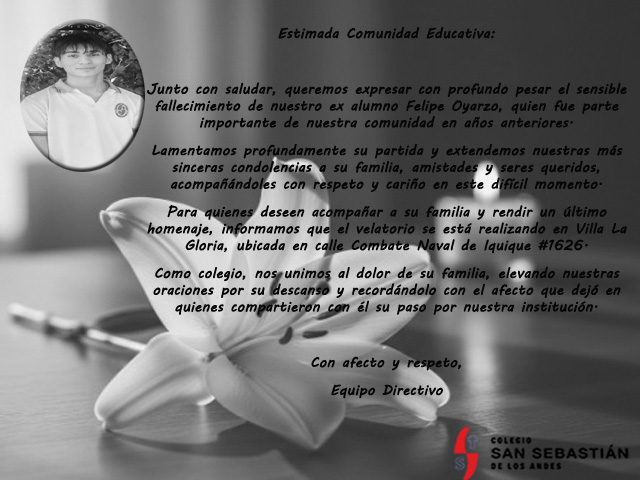 Nuestra comunidad educativa se une en el dolor por la partida de nuestro ex alumno Felipe Oyarzo